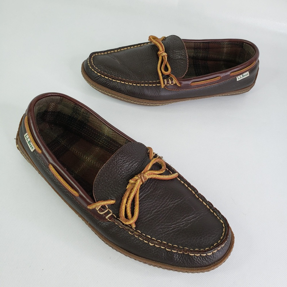 LL Bean Handsewn Wicked Moccasin Mens 10 Brown Leather Flannel Lined Slippers